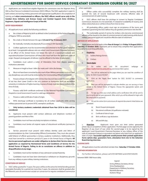 Nigerian Army SSCC 50/2027 Recruitment